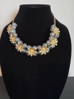 Gold Floral Statement Necklace with Crystal Beads